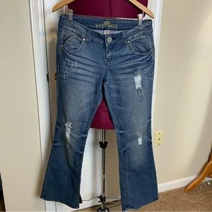 EUC Almost  Famous Youth Distressed dark Wash Blue Jeans Women’s